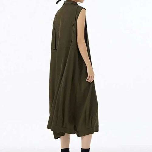 Load image into Gallery viewer, Women Army Green Button Big Size Midi Casual Shirt Dress New Lapel Sleeveless Fashion Tide Spring Summer 2025  1DH6614
