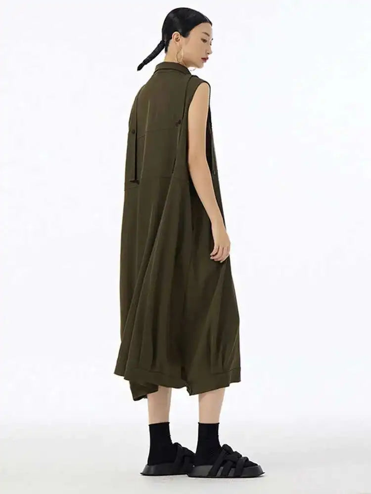 Women Army Green Button Big Size Midi Casual Shirt Dress New Lapel Sleeveless Fashion Tide Spring Summer 2025  1DH6614
