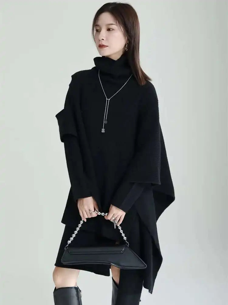 Women Gray Irregular Design Knitting Dress New Turtleneck Long Sleeve Loose Fit Fashion Tide Spring Autumn 2025 1DF2618