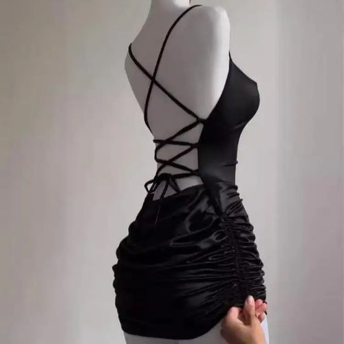 Load image into Gallery viewer, Korean Summer Black Simple Wrap Hip Pleated Mini Dress Sexy Club Backless Drawstring Lace-up Spaghetti Strap Short Dresses Women
