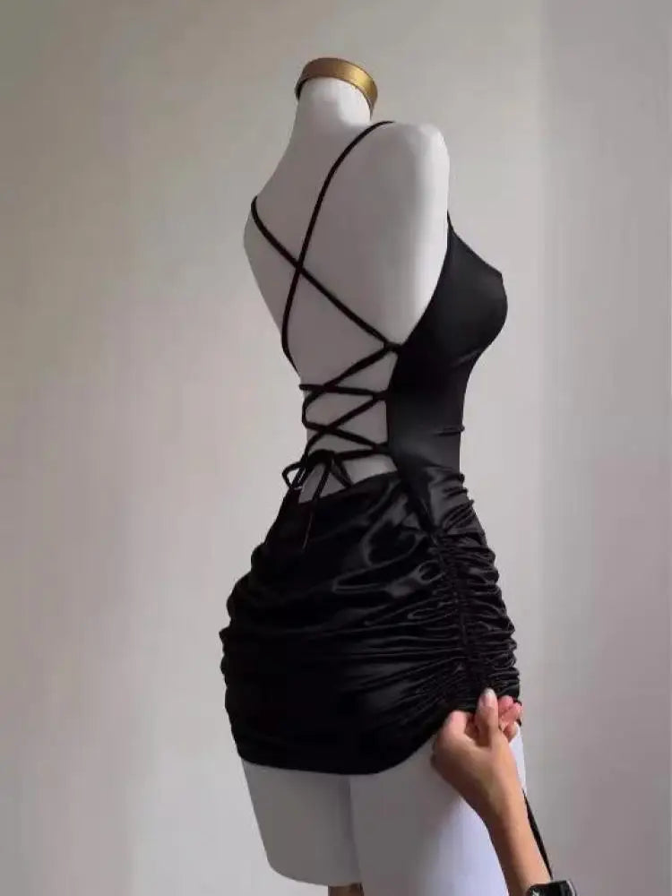 Korean Summer Black Simple Wrap Hip Pleated Mini Dress Sexy Club Backless Drawstring Lace-up Spaghetti Strap Short Dresses Women