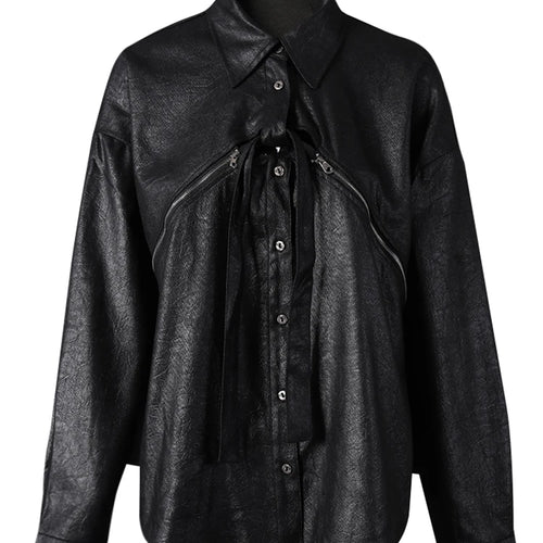 Load image into Gallery viewer, Women Black Zipper 2 Ways Wear Big Size Blouse New V-neck Long Sleeve Shirt Fashion Tide Spring Autumn 2025 1DH8012
