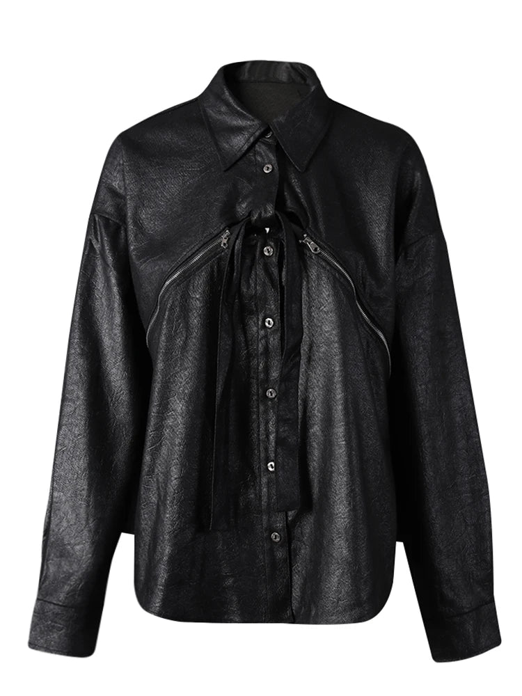 Women Black Zipper 2 Ways Wear Big Size Blouse New V-neck Long Sleeve Shirt Fashion Tide Spring Autumn 2025 1DH8012