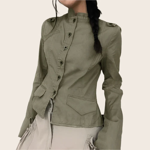 Load image into Gallery viewer, Stand Collar Button Up Cargo Jacket Coat Y2k Streetwear Long Sleeve Top 2024 Autumn Women Clothing P84-DI23
