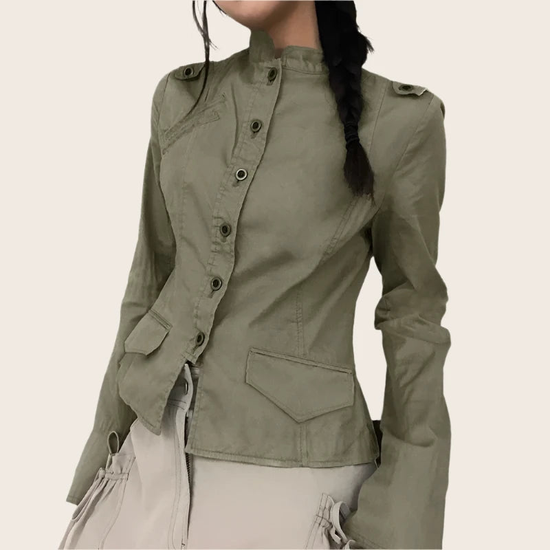 Stand Collar Button Up Cargo Jacket Coat Y2k Streetwear Long Sleeve Top 2024 Autumn Women Clothing P84-DI23