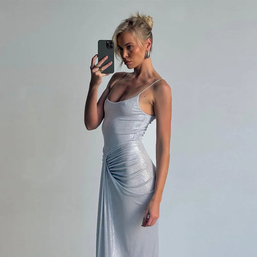 Load image into Gallery viewer, Sliver Spaghetti Strap Sexy Maxi Dress For Women Fashion Sparkle Sleeveless Backless Ruched Beach Club Sexy Long Dress
