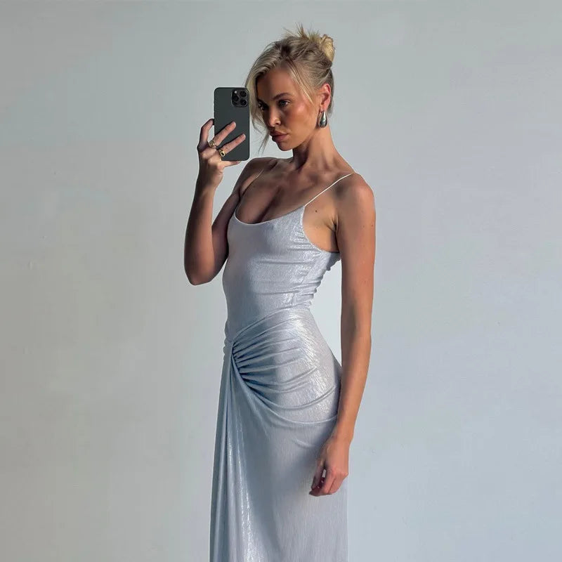 Sliver Spaghetti Strap Sexy Maxi Dress For Women Fashion Sparkle Sleeveless Backless Ruched Beach Club Sexy Long Dress