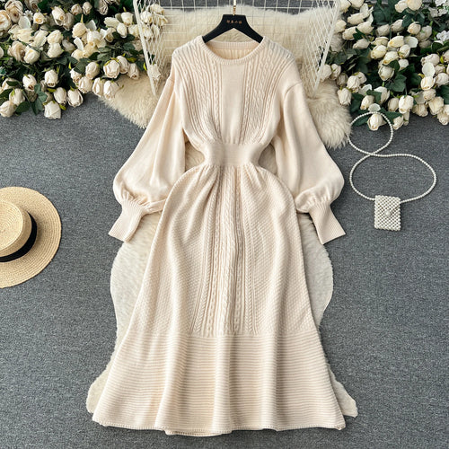 Load image into Gallery viewer, French Vintage Autumn Winter Black Beige Elegant Long Sleeve Vacation Knit Dress Women Khaki Round Neck High Waist Office Dress

