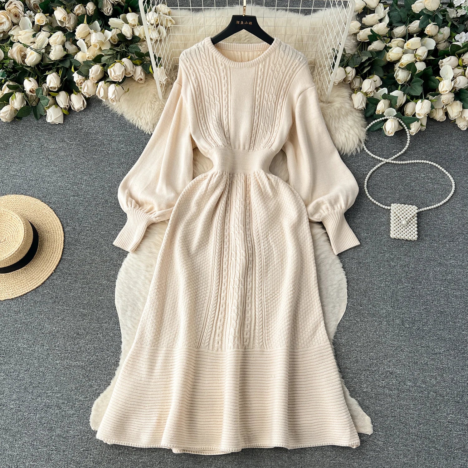 French Vintage Autumn Winter Black Beige Elegant Long Sleeve Vacation Knit Dress Women Khaki Round Neck High Waist Office Dress