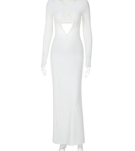 White Long Sleeve Hollow Out Sexy Slim Maxi Prom Dress Fall Winter Women Fashion Y2K Outfits Birthday Party