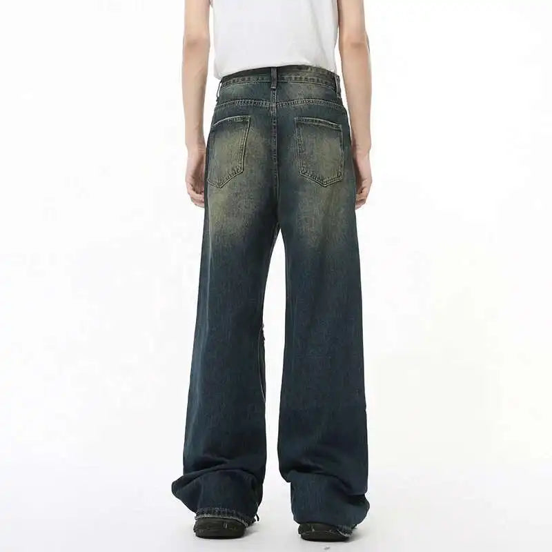 High Street Men's Denim Pants Worn-out Hole Design Contrast Color Straigh Bottom Wide Leg Loose Male Denim Spring 9C8204