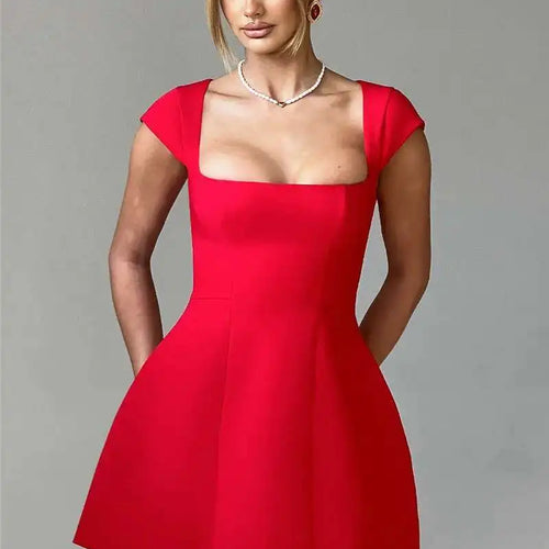 Load image into Gallery viewer, Square Collar Short Sleeve Mini Dress For Women Robe New Fashion Solid A-line Loose High Waist Short Dress Elegant
