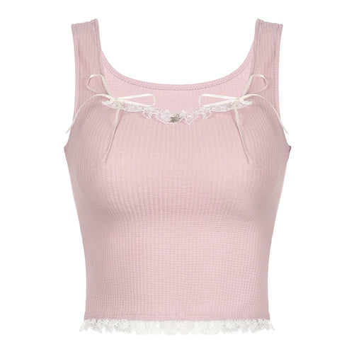 Load image into Gallery viewer, Sweet Pink Skinny Summer Crop Tops Vest Lace Trim Bow Short Korean Coquette Clothes Tank Tops Sleeveless Tee Outfits
