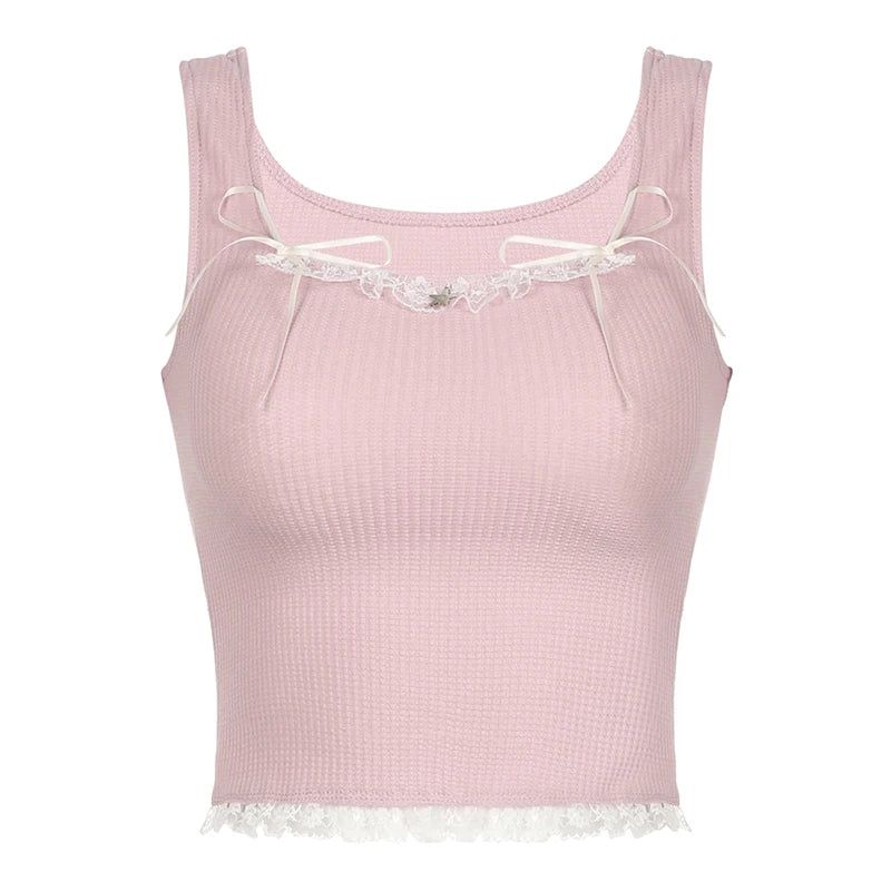 Sweet Pink Skinny Summer Crop Tops Vest Lace Trim Bow Short Korean Coquette Clothes Tank Tops Sleeveless Tee Outfits