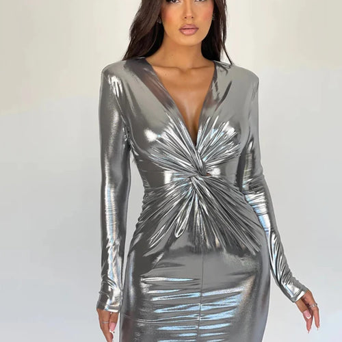 Load image into Gallery viewer, Winter Sexy Deep V Long Sleeve Dress For Women Bodycon Pleated Metal Maxi Dress Elegant Party Club Evening Vestidos 2024
