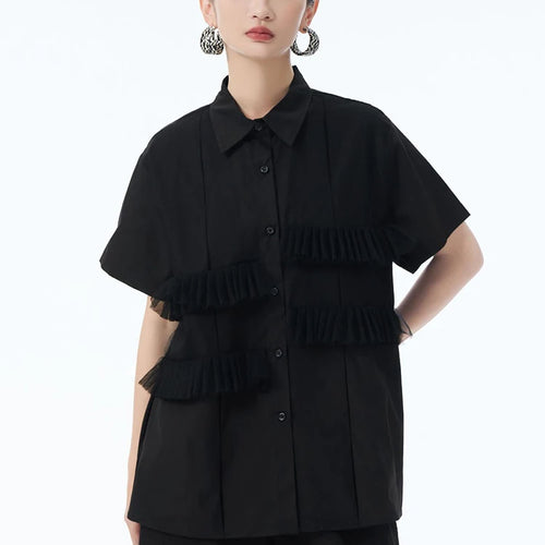 Load image into Gallery viewer, Women Blue Mesh Color-block Big Size Casual Blouse New Lapel Long Sleeve Shirt Fashion Tide Spring Autumn 2025 1DJ1248
