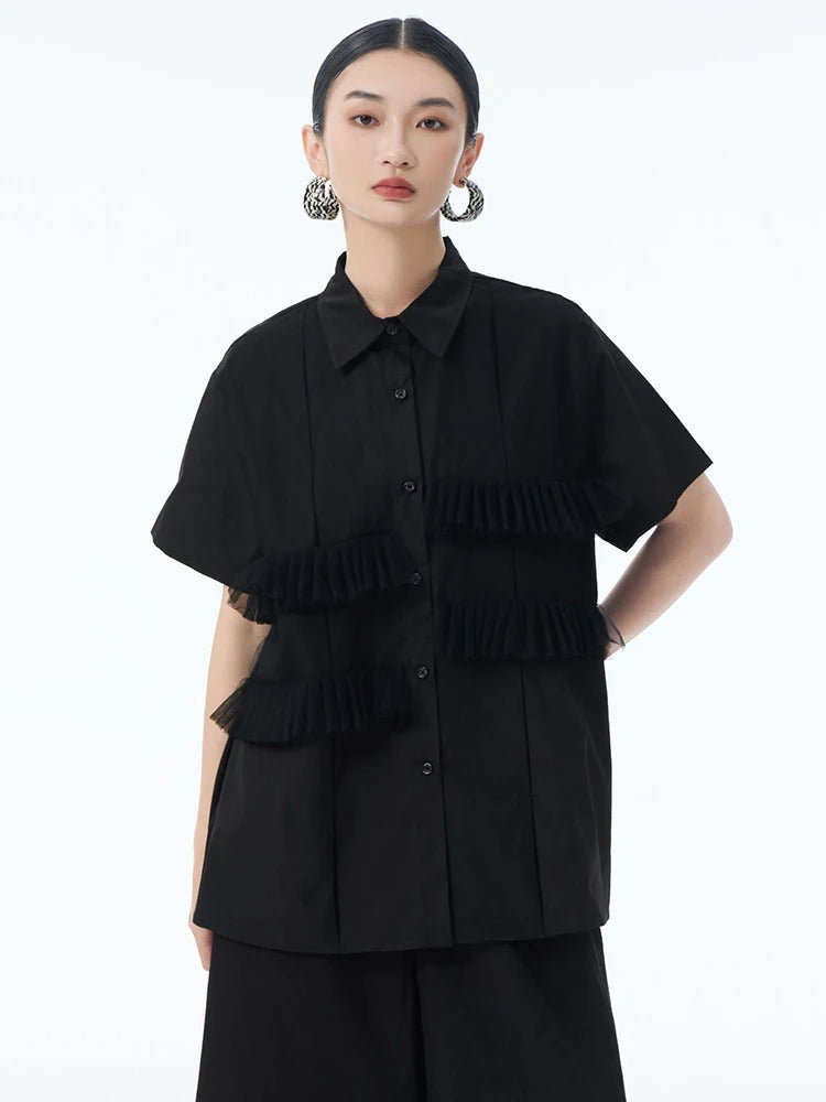 Women Blue Mesh Color-block Big Size Casual Blouse New Lapel Long Sleeve Shirt Fashion Tide Spring Autumn 2025 1DJ1248