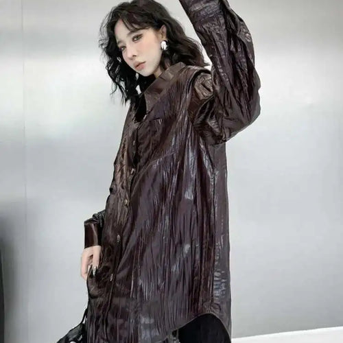 Load image into Gallery viewer, Wine Red Leather Shirt Half-body Skirt Two Pieces Suit New Lapel Long Sleeve Women Fashion Tide Spring Autumn 2025 1DH6880
