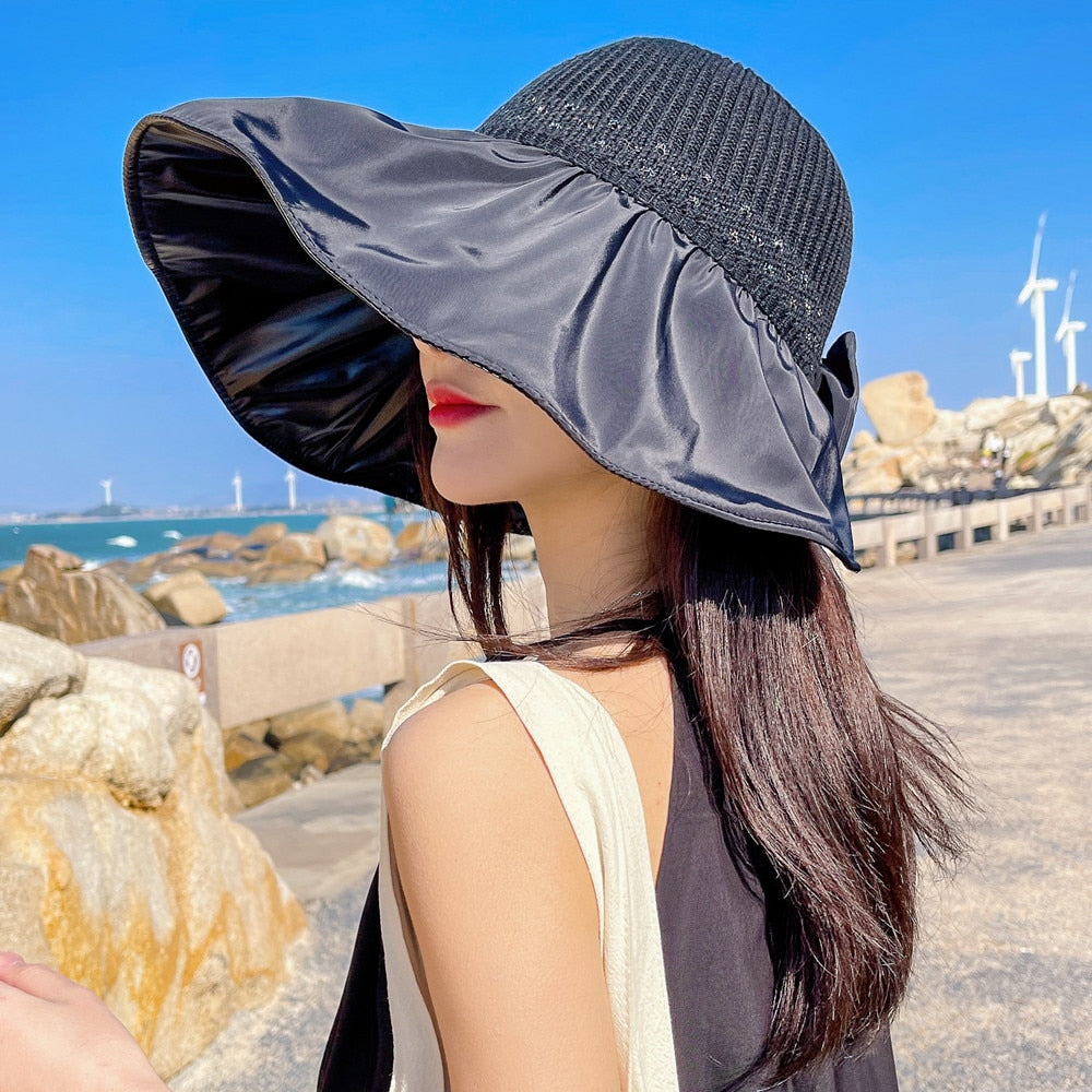 Summer Hats For Women Fashion Polka Dots  Bow Tie Design Straw Hat High Quality Sun Protection Sun Hat Travel Beach Hat