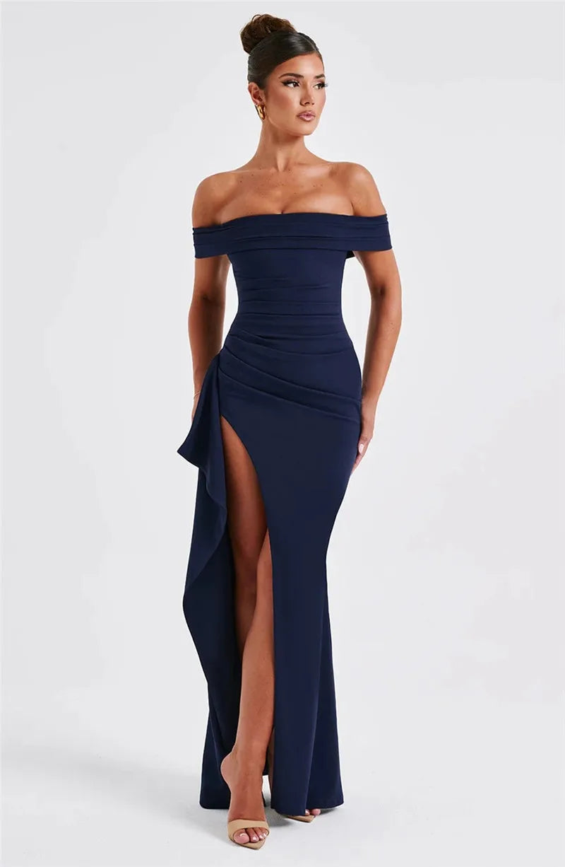 Elegant Off-shoulder High Split Maxi Dress Women Fashion Strapless Sleeveless Backless Bodycon Club Party Sexy Dress