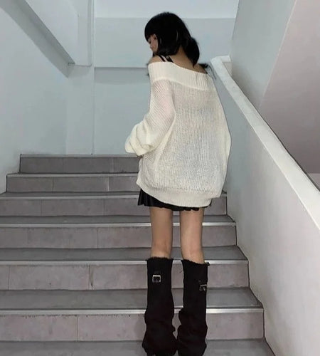 Harajuku Punk Knitwear Women Off Shoulder Belted Thin Sweater Cross Fur Patch 2025 Autumn Loose Gothic Y2k Pullover