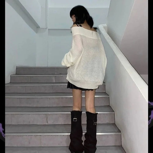 Load image into Gallery viewer, Harajuku Punk Knitwear Women Off Shoulder Belted Thin Sweater Cross Fur Patch 2025 Autumn Loose Gothic Y2k Pullover
