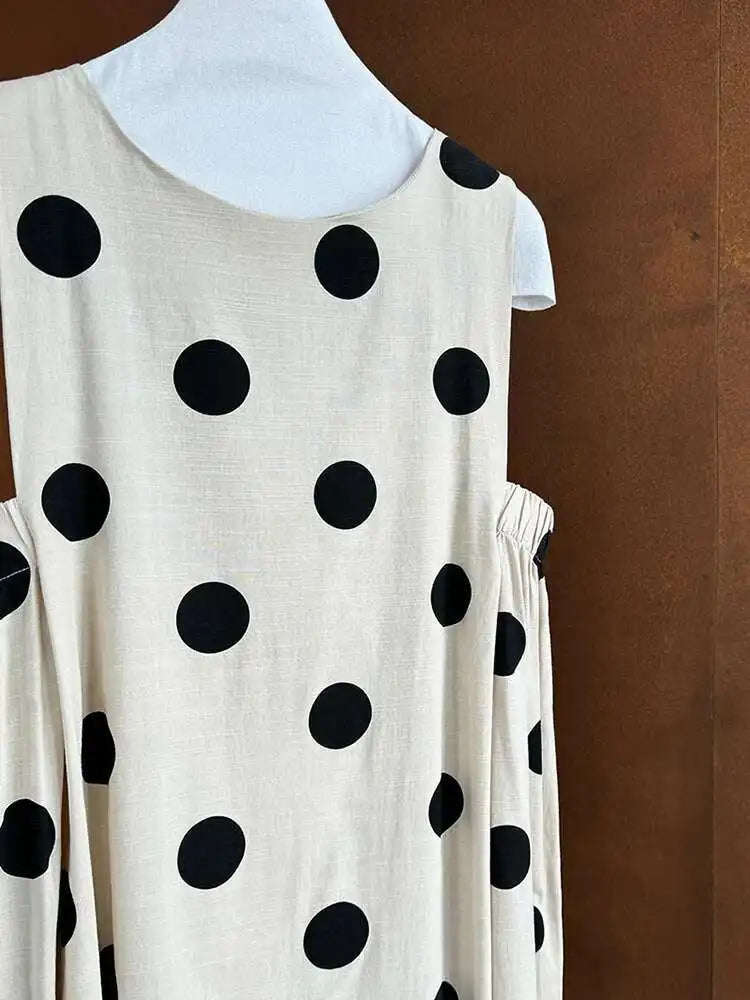 Women White Dot Printed Pleated Big Size Elegant Dress New Round Neck Sleeveless Fashion Tide Spring Summer 2025 1DJ0367