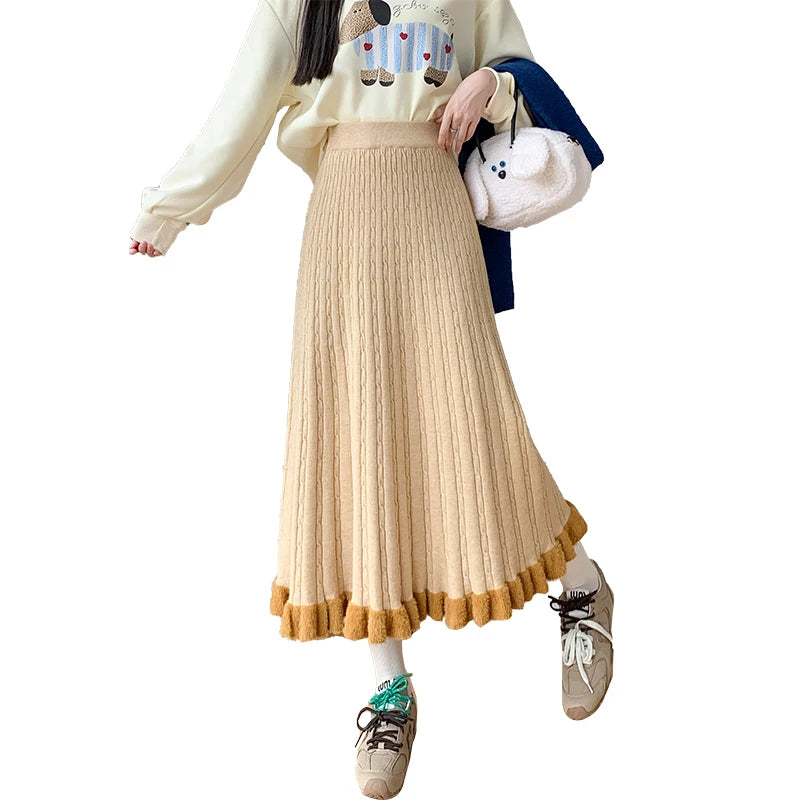 Autumn Winter Women Black White Temperament Knitted Pleated Half Skirt High Waist Versatile Elegant Vacation Ruffles Long Skirts