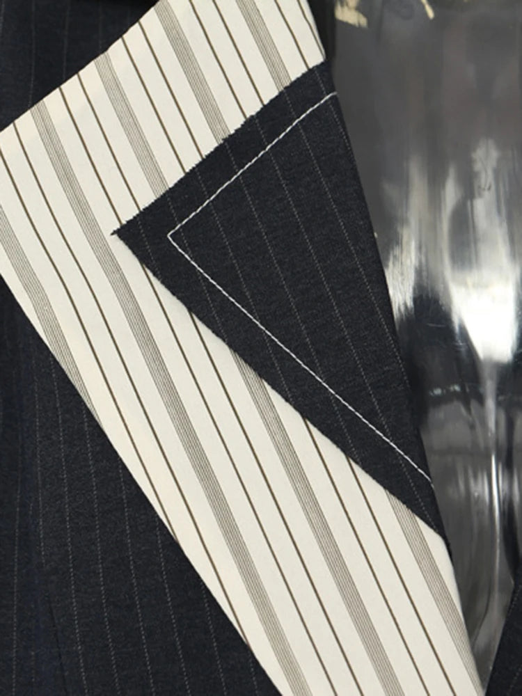 Women Navy Blue Striped Irregular Elegant Blazer New Lapel Long Sleeve Jacket Fashion Tide Spring Autumn 2025 1DH5930