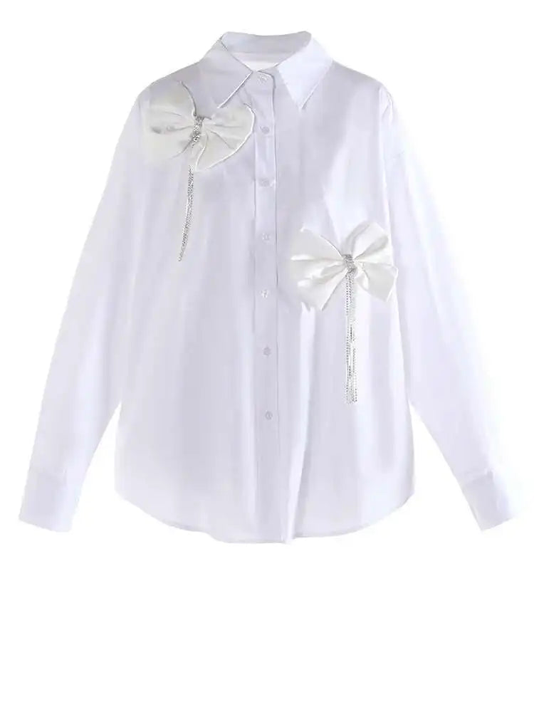 Women White Three-Dimensional Butterfly Bow Big Size Blouse New Lapel Long Sleeve Shirt Fashion Spring Autumn 2025 1DJ0005