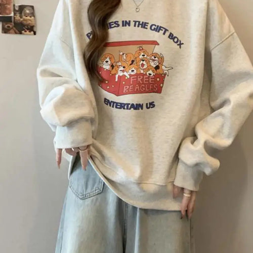 Load image into Gallery viewer, Korean Version Autumn Winter New Grey Patchwork Round Neck Long Sleeved Cotton Tops Women Casual Plush Velvet Sweatershirt Trend
