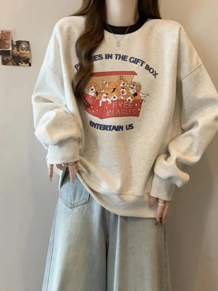 Korean Version Autumn Winter New Grey Patchwork Round Neck Long Sleeved Cotton Tops Women Casual Plush Velvet Sweatershirt Trend