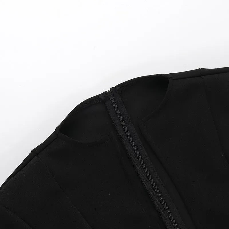 Autumn Long Sleeve Sexy Mini Dress For Women Solid Zipper Deep V Neck Two Pocket High Waist A-line Dress Femme Clothes