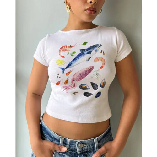 Load image into Gallery viewer, y2k Baby Tee Women Craphic Crop Top Round Neck Short Sleeve T Shirt Casual Vest 2000s Aesthetic Clothes Streetwear
