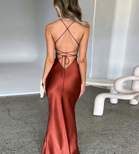 Satin Backless Maxi Dress For Women 2022 Autumn New Spaghetti Strap Sleeveless Bodycon Long Dress Vestido Clubwear