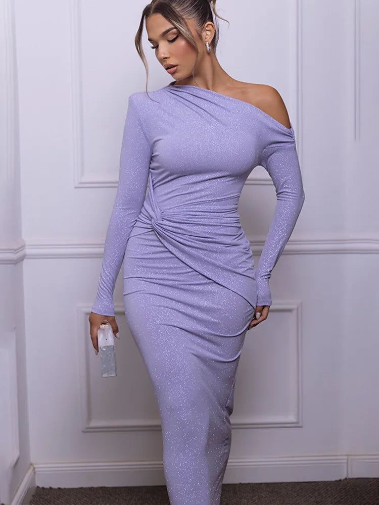 Elegant Long Sleeved Shiny Pleated Bodycon Party Evening Dress Women Autumn Winter New 2025 Tight Sexy Pleated Vestidos