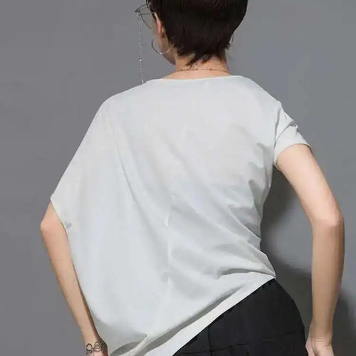 Load image into Gallery viewer, Women Black Asymmetric Pleated Big Size T-shirt New Round Neck Batwing Sleeve Fashion Tide Spring Summer 2025 1DF4667
