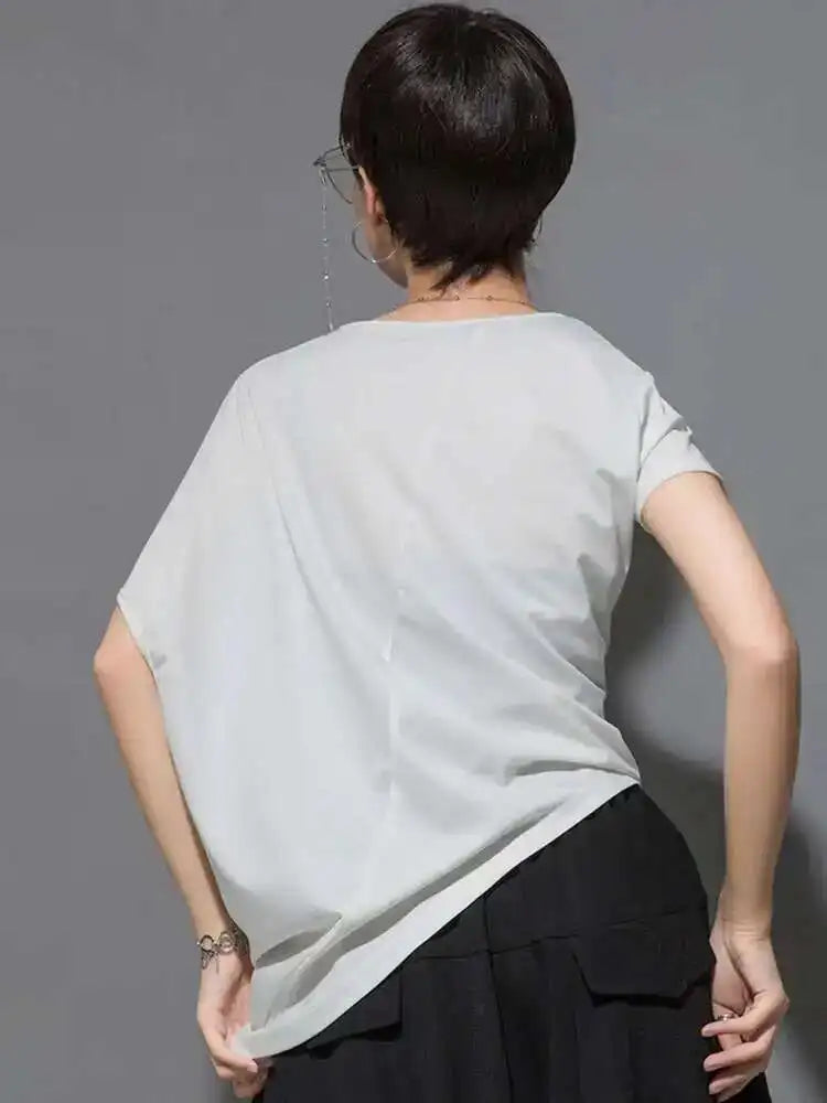 Women Black Asymmetric Pleated Big Size T-shirt New Round Neck Batwing Sleeve Fashion Tide Spring Summer 2025 1DF4667
