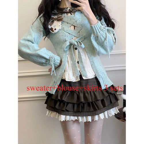 Load image into Gallery viewer, Japanese Sweet Lolita Cardigans Women Y2k Aesthetic Hollow Out Bandage Sweater Kawaii Bow Pocket 2025 Casual Streetwear JK Tops
