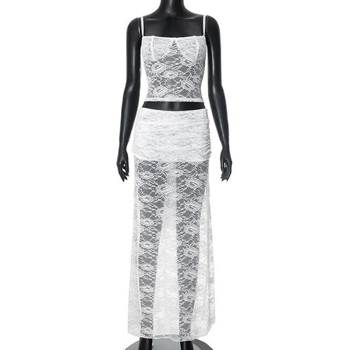 Load image into Gallery viewer, White Lace Sexy Two Piece Sets Woman Halter Top And Long Maxi Skirt Ladies Fashion Sheer Mesh Elegant Matching Sets
