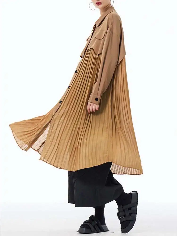 Women Army Green Pleated Spliced Big Size Midi Shirt Dress New Lapel Long Sleeve Fashion Tide Spring Autumn 2025 1DH6927