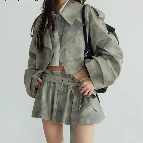 Load image into Gallery viewer, Solid Streetwear Two Piece Sets For Women Lapel Long Sleeves Short Coat Spliced Belt Mini Skirt Deaigner Set Female
