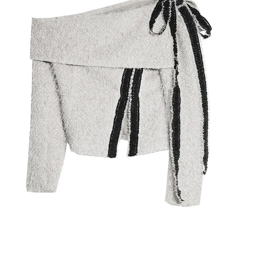 Load image into Gallery viewer, Gray Ribbons Sweater Mini Skirt Two Pieces Suit New Slash Neck Long Sleeve Women Fashion Tide Spring Autumn 2025 1DH9340
