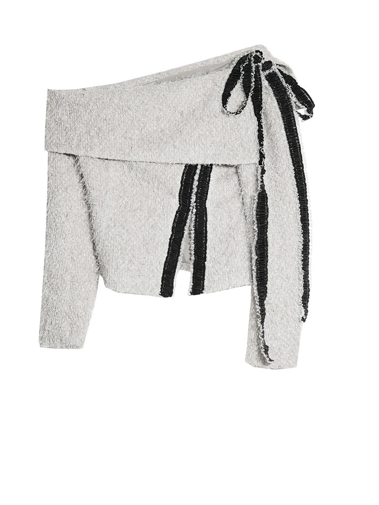 Gray Ribbons Sweater Mini Skirt Two Pieces Suit New Slash Neck Long Sleeve Women Fashion Tide Spring Autumn 2025 1DH9340