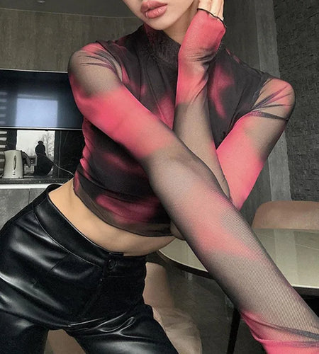 Harajuku Tie Dye Stand Collar Long Sleeve Mesh Top Cropped See Through Retro Tee Women Casual Party Summer Tshirt Y2K