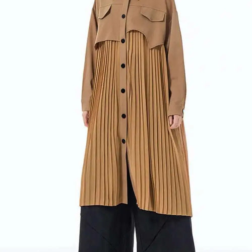 Load image into Gallery viewer, Women Army Green Pleated Spliced Big Size Midi Shirt Dress New Lapel Long Sleeve Fashion Tide Spring Autumn 2025 1DH6927

