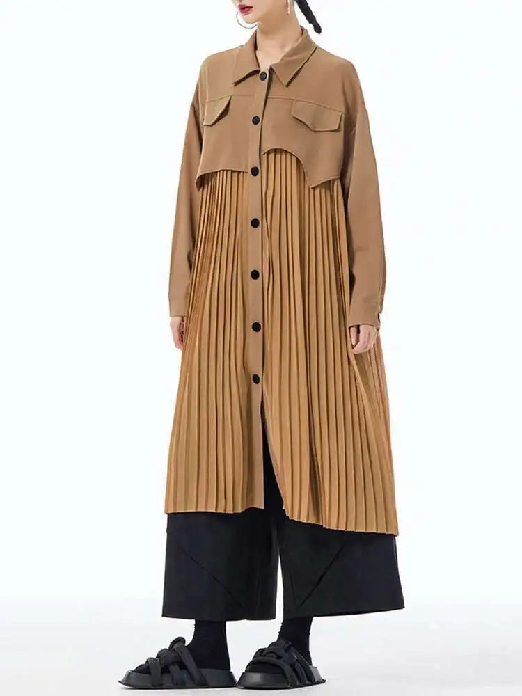 Women Army Green Pleated Spliced Big Size Midi Shirt Dress New Lapel Long Sleeve Fashion Tide Spring Autumn 2025 1DH6927