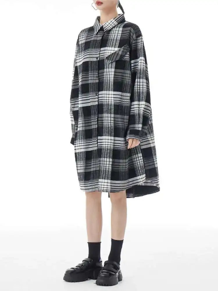 Women Plaid Big Size Knee-Length Shirt Dress New Lapel Long Sleeve A-line Loose Fit Fashion Spring Autumn 2025 1DH2091