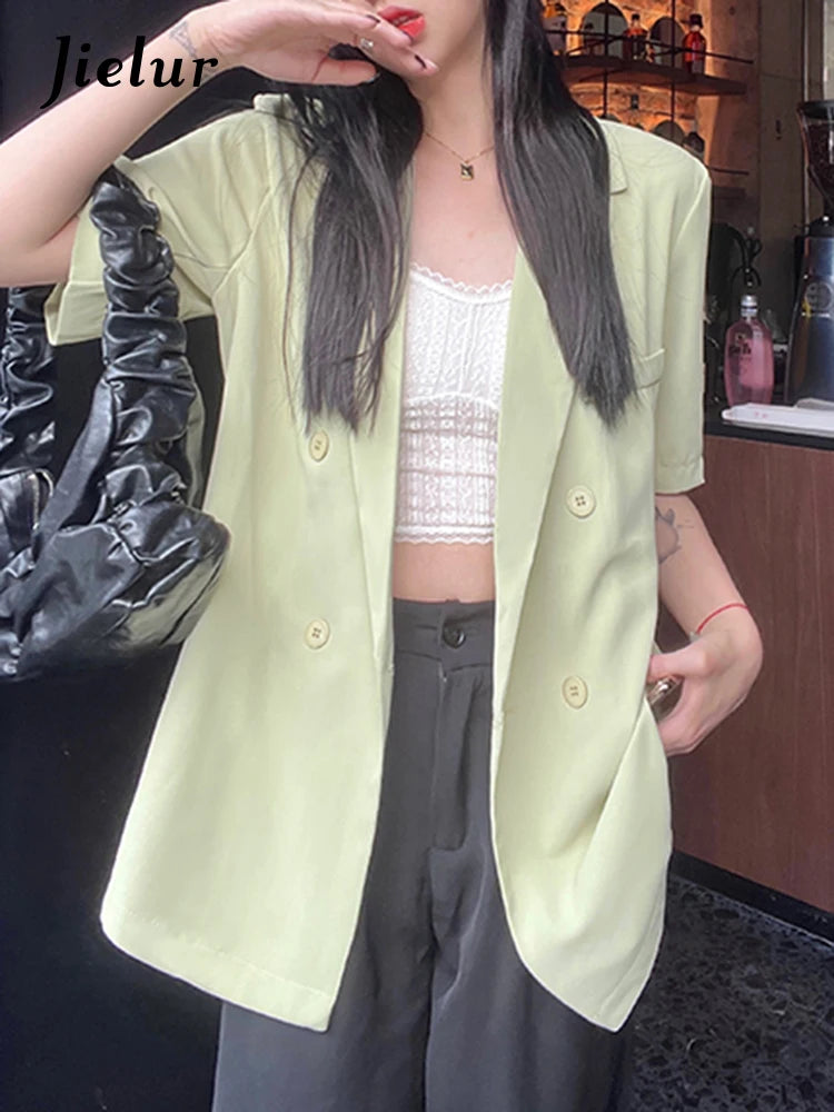 Fashion Casual Women Blazers Summer Korean Style Suit Jacket Female Short Sleeve Office Lady Green Black Coat M-4XL