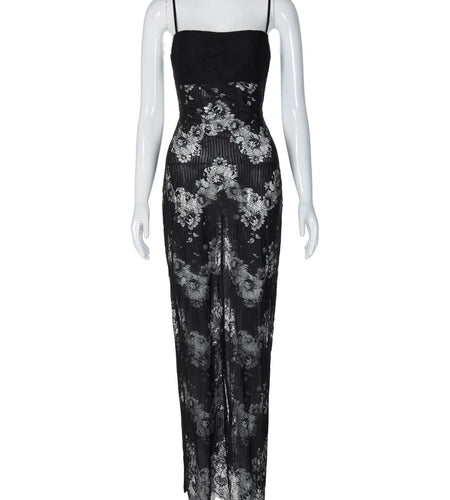 Black Slip Backless Floral Print Patchwork Lace Sexy Bodycon Maxi Dress 2025 Spring Party Club Vacation Clothes